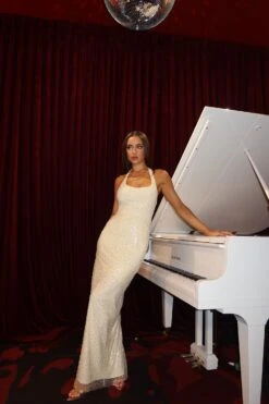 Romina Beaded Halter Neck Cream Gown -ALAMOUR DRESS SALE ADORIA 30