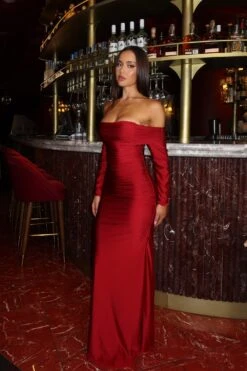 Angie Off Shoulder Jersey Maxi Wine Red Dress