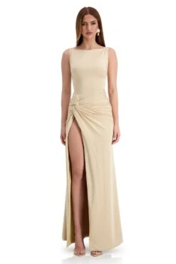 Kehlani Boat Neck Knot Slit Beige Gown -ALAMOUR DRESS SALE kehlani 1