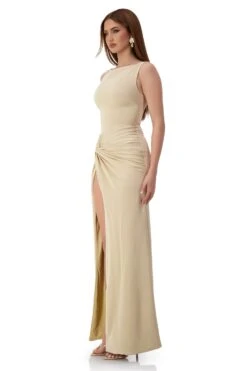 Kehlani Boat Neck Knot Slit Beige Gown -ALAMOUR DRESS SALE kehlani 2