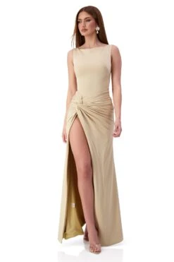 Kehlani Boat Neck Knot Slit Beige Gown -ALAMOUR DRESS SALE kehlani 4