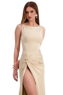 Kehlani Boat Neck Knot Slit Beige Gown -ALAMOUR DRESS SALE kehlani 5