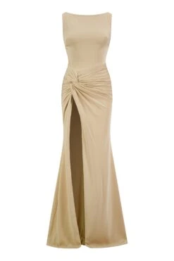 Kehlani Boat Neck Knot Slit Beige Gown -ALAMOUR DRESS SALE kehlani gm
